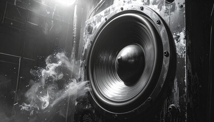 A dramatic close up of a bass speaker vibrating with booming low frequencies as dust and particles project outward in waves, captured with a slow panning cinematic shot and intense dramatic lighting