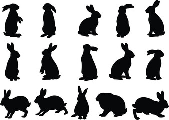 Rabbit silhouette vector set, sitting and standing bunny shapes, animal wildlife illustration for Easter, pets, nature themes, or cartoon design