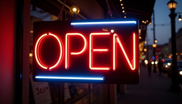 Neon open sign glowing at night on bustling city street  