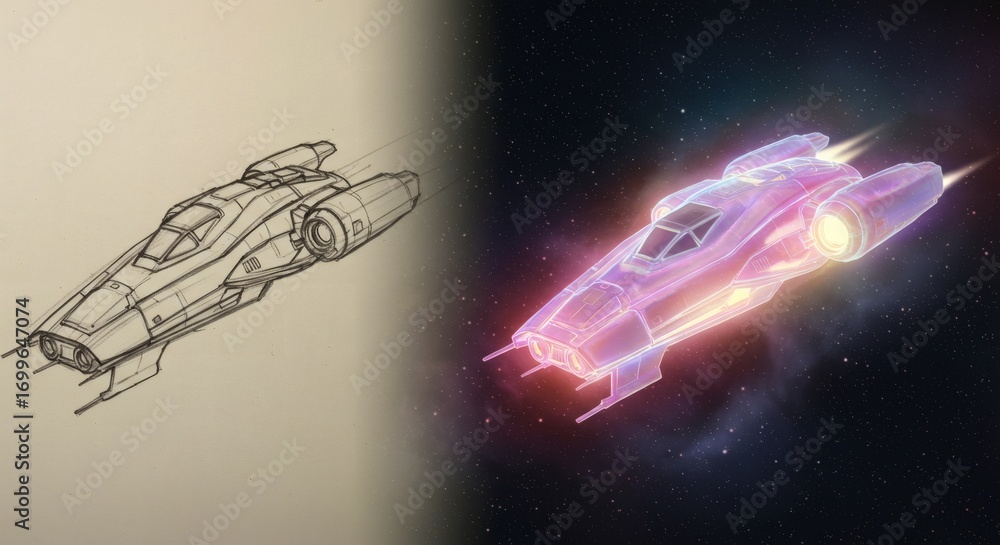 Fototapete Concept art of a futuristic spacecraft evolving from a sketch to a vibrant digital rendering in a cosmic backdrop
