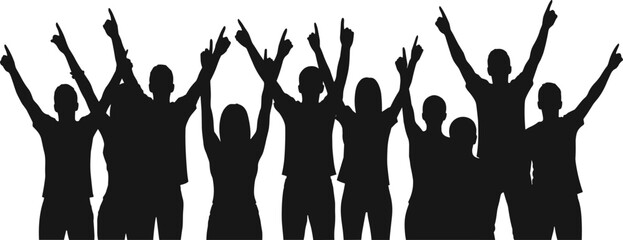 Silhouette of cheering crowd, happy people celebrating with raised hands, vector illustration for concert, party, festival, event, music or celebration background