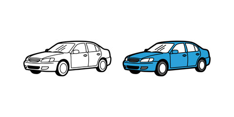 Fototapeta premium A modern sedan car illustration. This personal vehicle is shown in a blue color version and a black and white outline. Ideal for transport or automotive concepts.