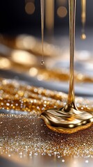 Golden liquid streaming, creating luxurious abstract pattern with shimmering bokeh background, capturing elegant metallic texture and light interaction