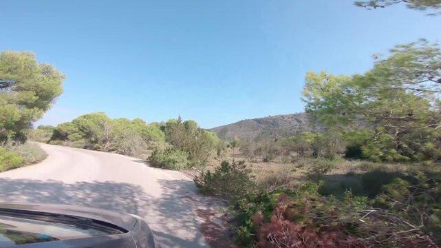 driving on country road through strofilia forest in peloponnese south-western greece, approaching kalogria beach 4k video