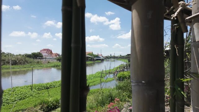 Overlooking Wat Thong Pradit Temple Along The Khlong Song Phi Nong Canal In Suphan Buri Province, Thailand. Pullback Shot
