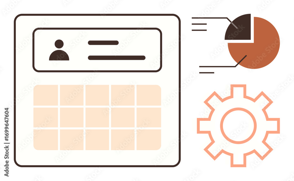 Poster user profile above calendar grid alongside dynamic pie chart and gear icon. ideal for data processin