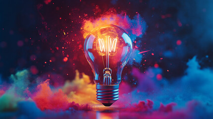 Glowing lightbulb surrounded by vibrant colorful smoke a creative concept