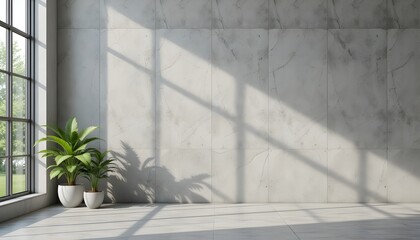 3D Rendering of Empty Room with Concrete Wall and Decorative Green Plants for Modern Interior Design