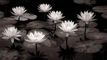 Water lilies bloom in a pond, their delicate petals contrasting with lilypads and dark water