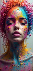 Obraz premium A woman with closed eyes, her face and body covered in a vibrant explosion of multi-colored powder, with wild, textured hair.