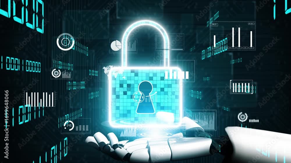 Poster a futuristic robot hand presents a glowing digital padlock against a backdrop of data analytics, sym