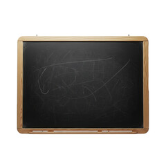 Fototapeta premium A vintage, blank, used blackboard with a sturdy wooden frame and faint chalk smudges, centrally positioned on a transparent background with soft studio light, concept of educational potential