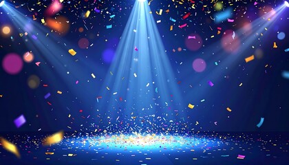 Festive Stage Scene with Colorful Confetti and Spotlights