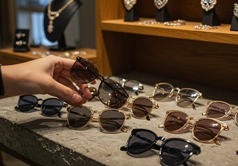 A hand selects stylish sunglasses from a diverse display of modern eyewear in a retail store.