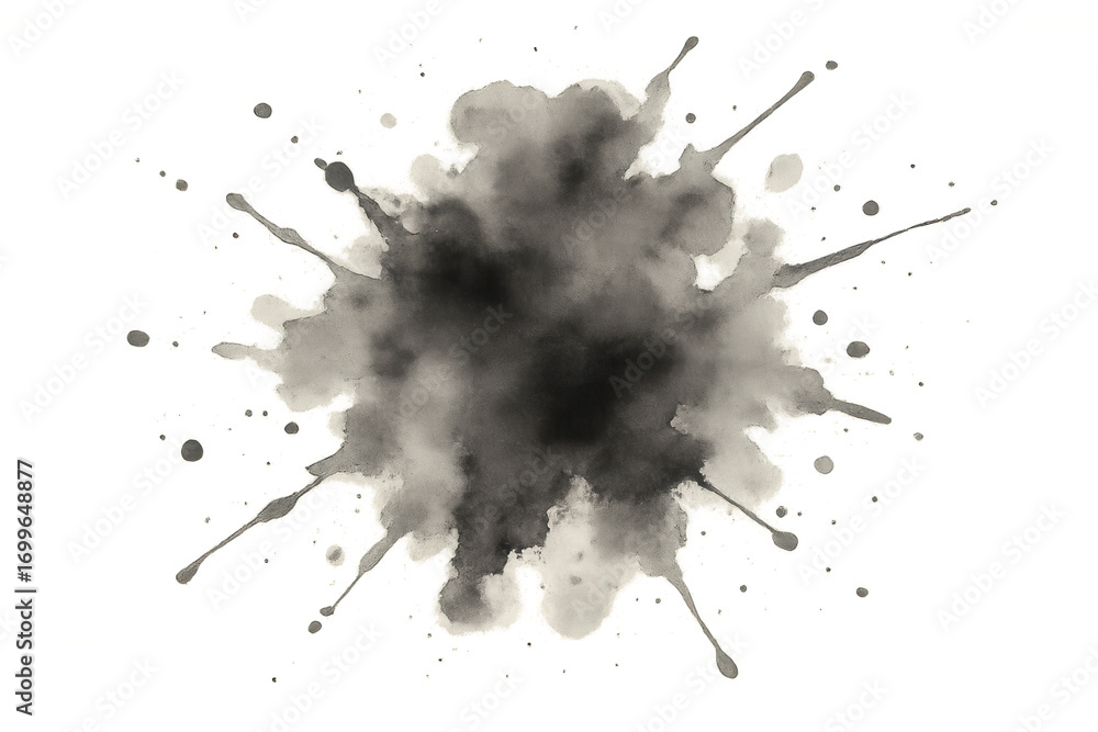 Poster dynamic black watercolor splash creating grunge texture with dramatic splatters and random drips aga