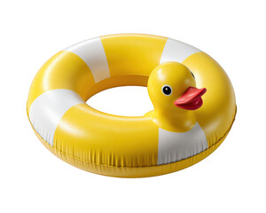 Yellow inflatable swim ring with rubber duck head, playful pool float for children, summer beach accessory, cheerful design, safe water toy, fun outdoor activity