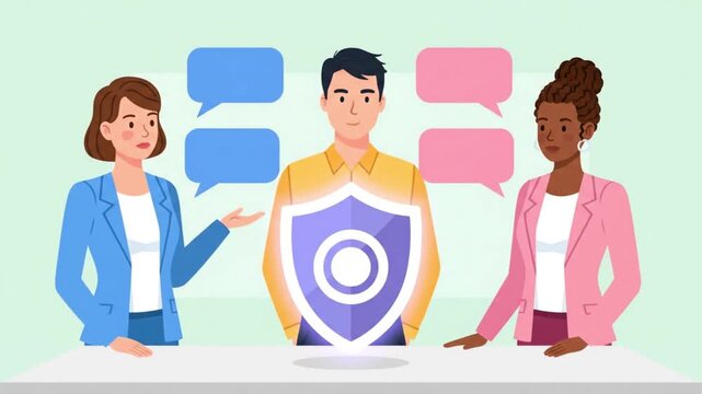 Three business professionals engage in a secure discussion, emphasizing data protection and confidential communication within a modern corporate environment.