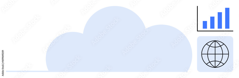 Poster large cloud with graphical bar chart representing data analytics and a globe symbolizing global conn