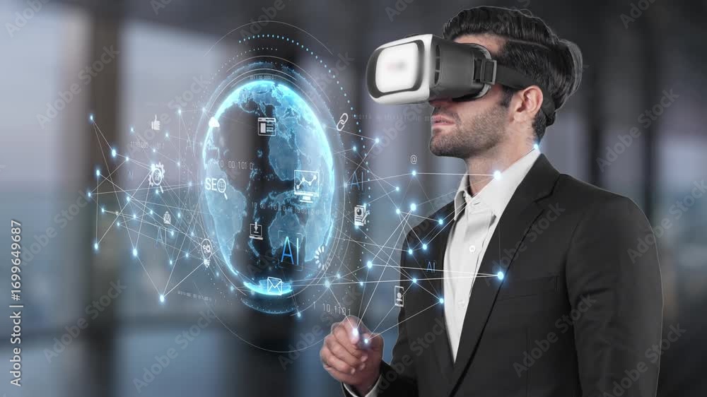 Poster a focused businessman experiences virtual reality with a headset, exploring a digital landscape fill