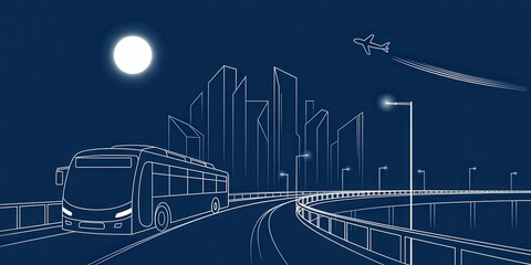 Modern city blueprint skyline with bus on bridge and airplane at night evokes urban vibes and travel inspiration