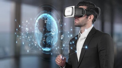 A focused businessman experiences virtual reality with a headset, exploring a digital landscape filled with interactive elements representing technology and innovation in a modern workspace. Raster - Powered by Adobe