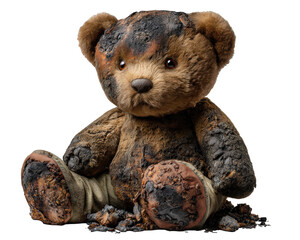 Burned teddy bear damaged plush toy charred fur sad expression sitting brown blackened worn childhood emotional isolated destruction fire loss nostalgia soft fabric stuffed animal soot ashes
