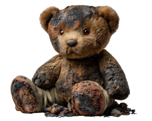 Burned teddy bear damaged plush toy charred fur sad expression sitting brown blackened worn childhood emotional isolated destruction fire loss nostalgia soft fabric stuffed animal soot ashes