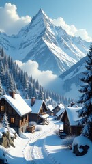 A snowy mountain village with cabins and pine trees under a bright winter sky.