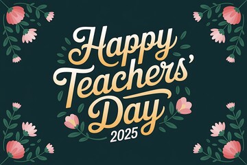 Elegant golden typography celebrating happy teachers day 2025 with floral accents