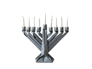 Metal Menorah with Nine White Candles on Transparent Background