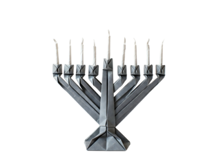 Metal Menorah with Nine White Candles on Transparent Background