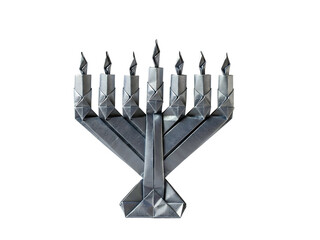 Geometric Silver Menorah with Eight Lit Candles Against Transparent Background Hanukkah Festival Celebration Judaica Theme Still Life with Faceted