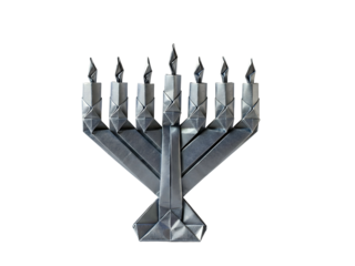 Geometric Silver Menorah with Eight Lit Candles Against Transparent Background Hanukkah Festival Celebration Judaica Theme Still Life with Faceted