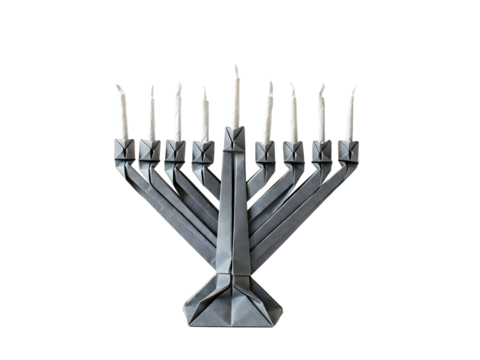 Metal Menorah with Nine White Candles on Transparent Background
