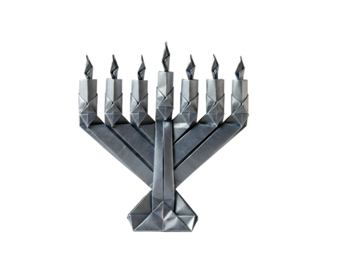 Geometric Silver Menorah with Eight Lit Candles Against Transparent Background Hanukkah Festival Celebration Judaica Theme Still Life with Faceted