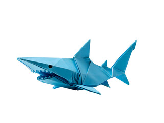 Origami Marine Predator Blue Paper Shark with Sharp Teeth on Isolated Black Background Detailed Aquatic Art Paper Folding Craft