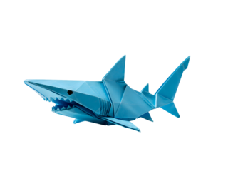 Origami Marine Predator Blue Paper Shark with Sharp Teeth on Isolated Black Background Detailed Aquatic Art Paper Folding Craft