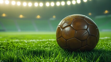 Fototapeta premium Soccer ball on green grass field under glowing stadium lights