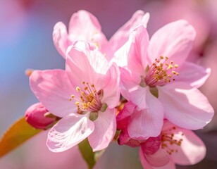 Close-up view of delicate pink blossoms, showcasing the intricate details of the flower petals and stamens.