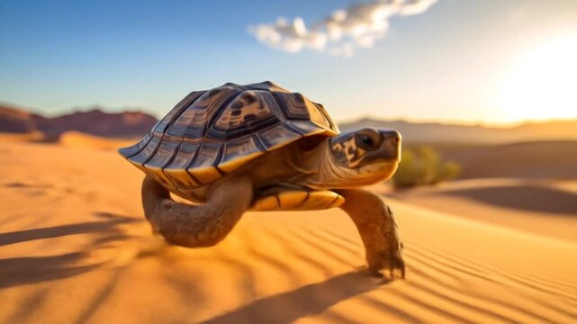 Determined Tortoise Running Through Desert Sand at Sunrise