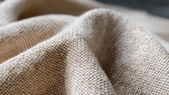 A piece of fabric with a pattern on it. The fabric is white and has a texture. Closeup hemp fabric weave texture, sustainable fashion practices neutral soft light background
