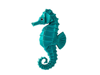Vibrant Teal Seahorse Origami Sculpture Isolated on Transparent Black Background with Intricate Paper Folds and Delicate Fin Details in Studio