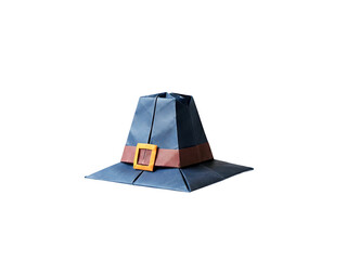 Isolated Navy Blue Paper Pilgrim Hat with Brown Brim and Orange Buckle on Transparent Background