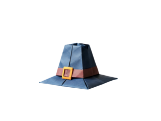 Isolated Navy Blue Paper Pilgrim Hat with Brown Brim and Orange Buckle on Transparent Background