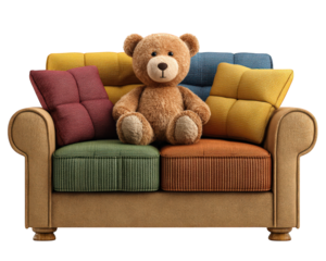 Teddy bear sitting on colorful patchwork sofa, playful and cozy home decor, soft cushions, cheerful atmosphere, inviting and warm living room element