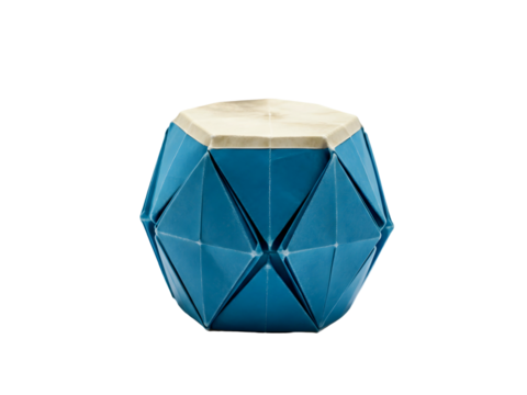 Intricate Blue Origami Geometric Object on Transparent Background Featuring a Central Hexagon with Triangular Panels and a Flat White Top Surface