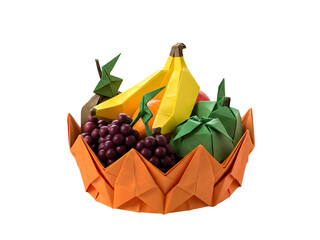 Vivid Origami Fruit Basket Featuring Bananas Grapes and Other Fruits on a Black Isolated Background in Bright Studio Lighting