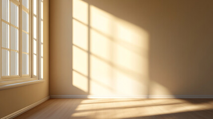 Sunlit empty room interior design hardwood floor beige walls window light