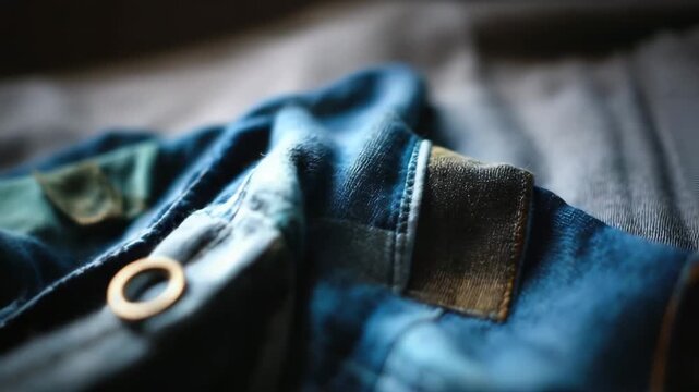 A blue and green shirt with a button on the front. The button is silver. The shirt is folded. Closeup patchwork repairing blue denim jeans,sustainable fashion practices cozy natural muted lighting
