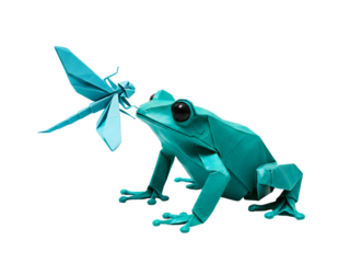 Turquoise Origami Frog Reaching for a Dragonfly Against Black Background Isolated